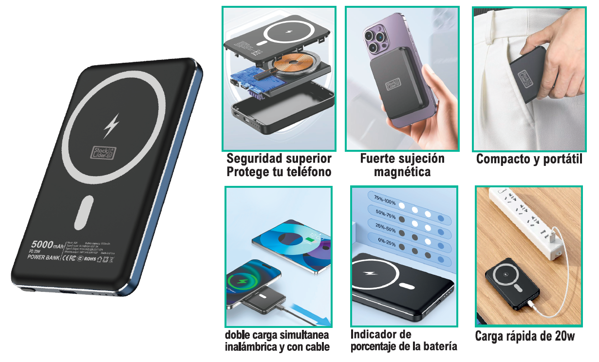Powerbank inalámbrico Capacidad 5000 mAh USB Tipo C