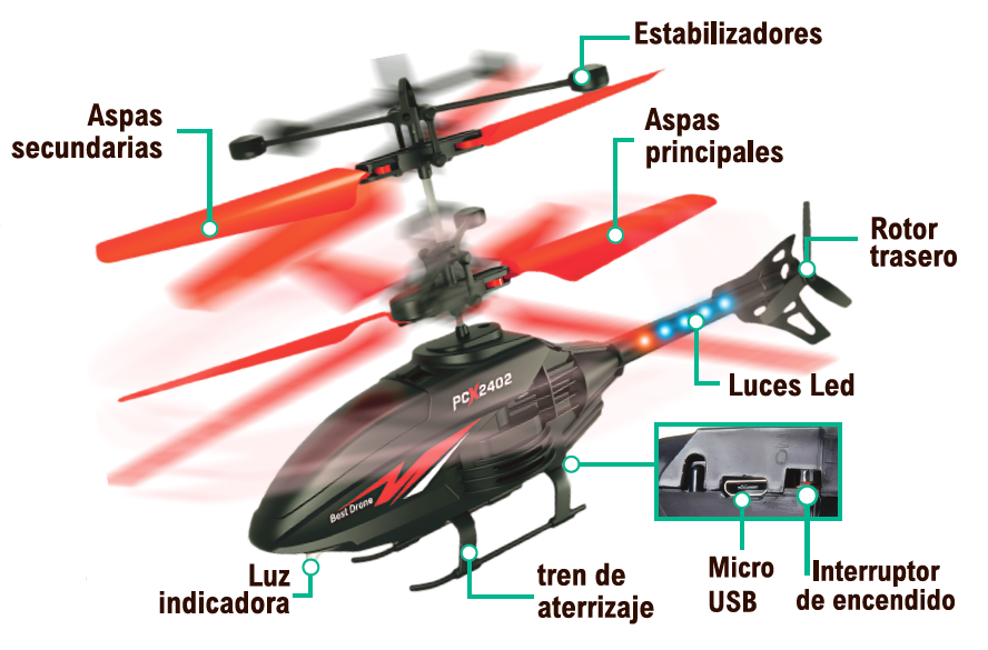 Helicóptero con mando y luces