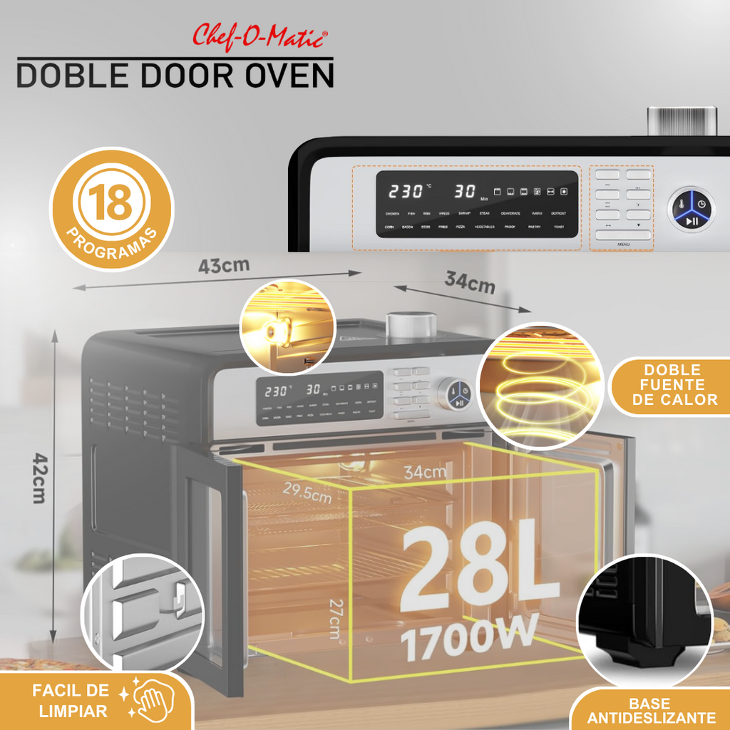 Horno Multifunción 12 en 1 con puertas dobles transparentes y capacidad de 28L