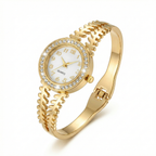 Reloj de Brazalete Rígido Calado con Cristales – 100% Acero Bañado en Oro 18K