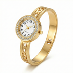 Reloj de Brazalete Rígido con Eslabones Calados y Cristales – 100% Acero Bañado en Oro 18K