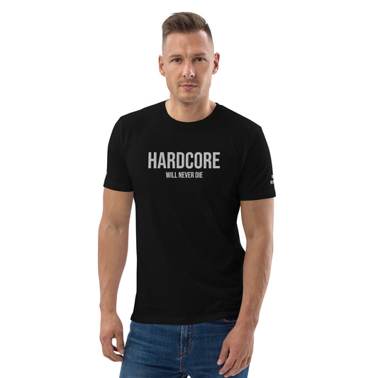 Camiseta algodón orgánico unisex BORDADO. Hardcore Will Never Die