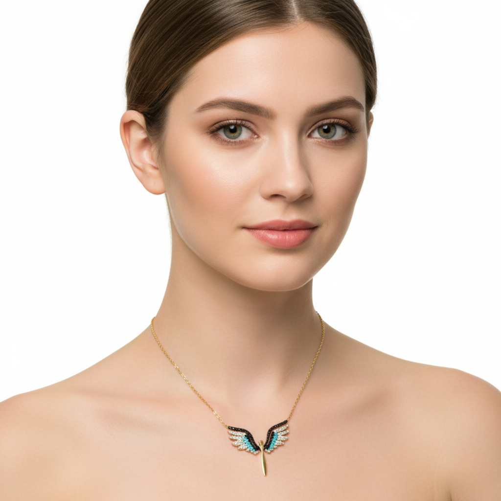 Collar Alas de Ángel con Circonitas Multicolor 100% Acero Bañado en Oro 18K