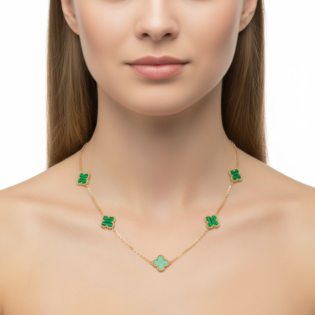 Collar de Trébol Verde Malaquita 100% Acero Bañado en Oro 18K