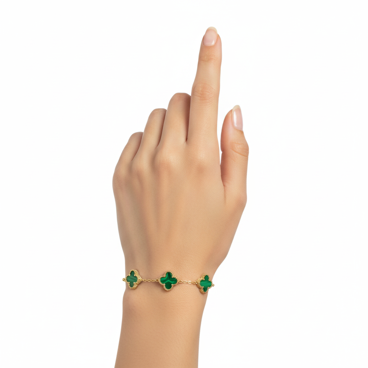 Pulsera de Trébol Verde Malaquita 100% Acero Bañado en Oro 18K