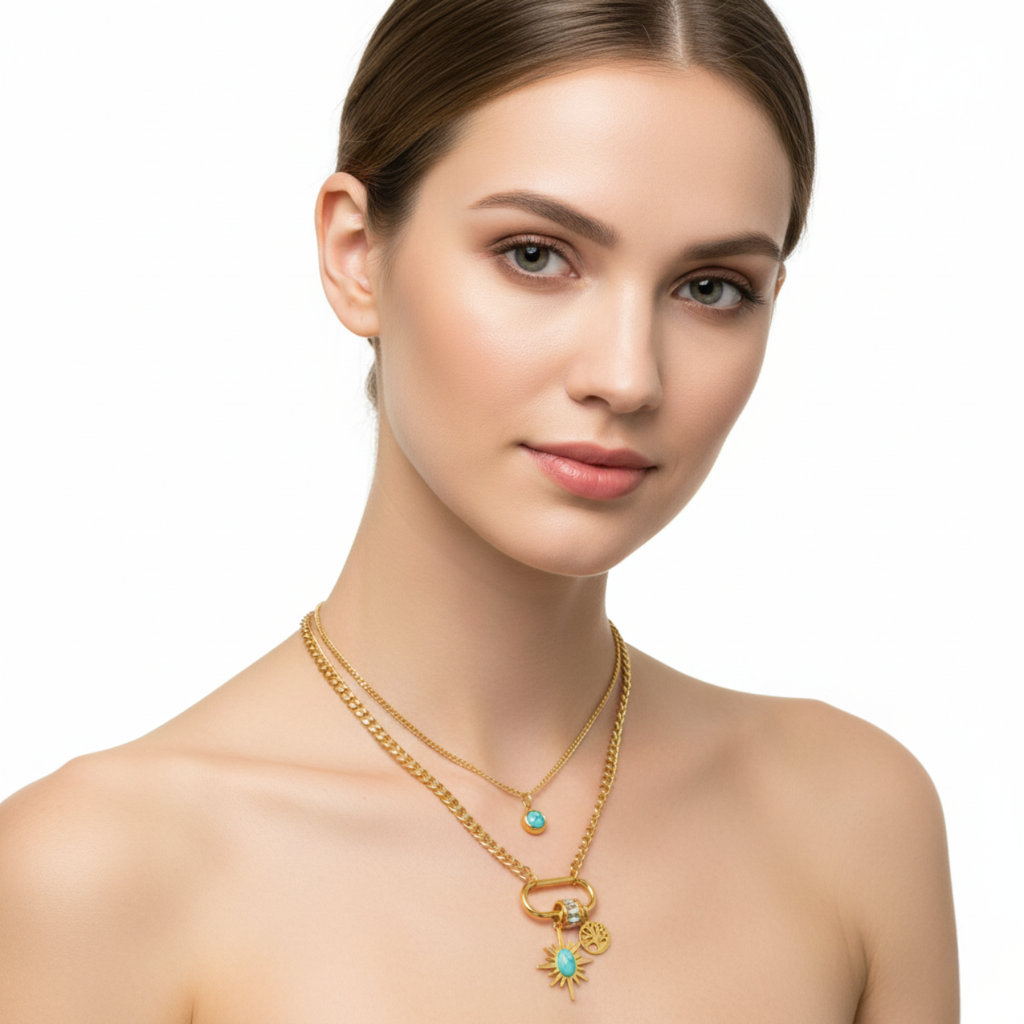 Collar de Doble Capa con Mosquetón y Charms Turquesa 100% Acero Bañado en Oro 18K