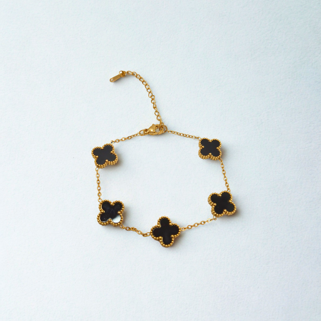 Conjunto de Joyería Trébol Negro 100% Acero Bañado en Oro 18K