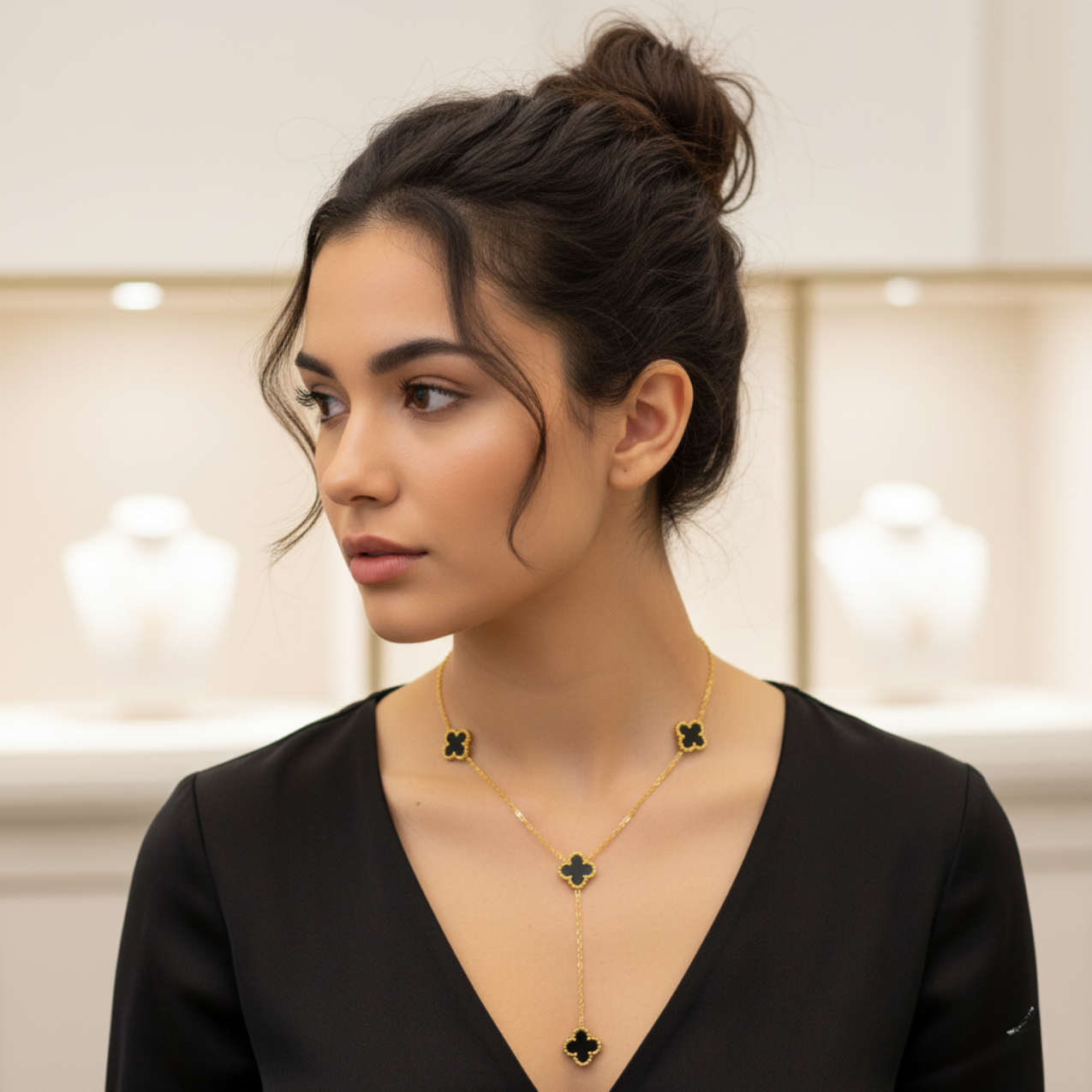 Conjunto de Lujo Trébol de la Suerte Negro (Collar Y) - Acero Bañado en Oro 18K