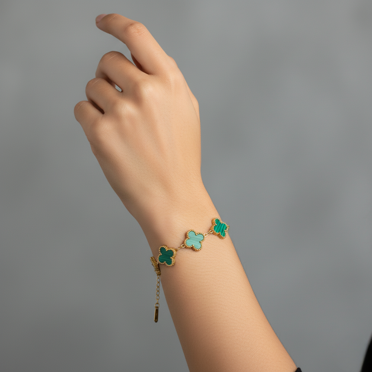 Conjunto Trébol de la Suerte Verde Malaquita - Acero Bañado en Oro 18K