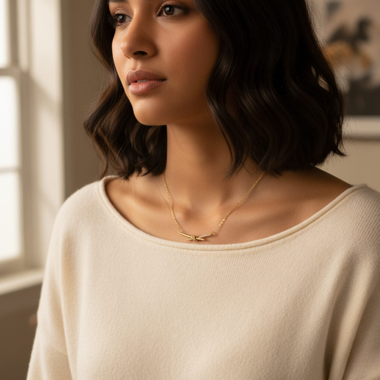 Collar de Acero Chapado en Oro de 18K 100% con Colgante de Nudo con Zirconias