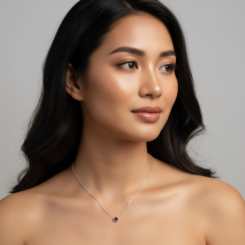 Conjunto de Joyería Trébol Negro 100% Acero Inoxidable Color Plata