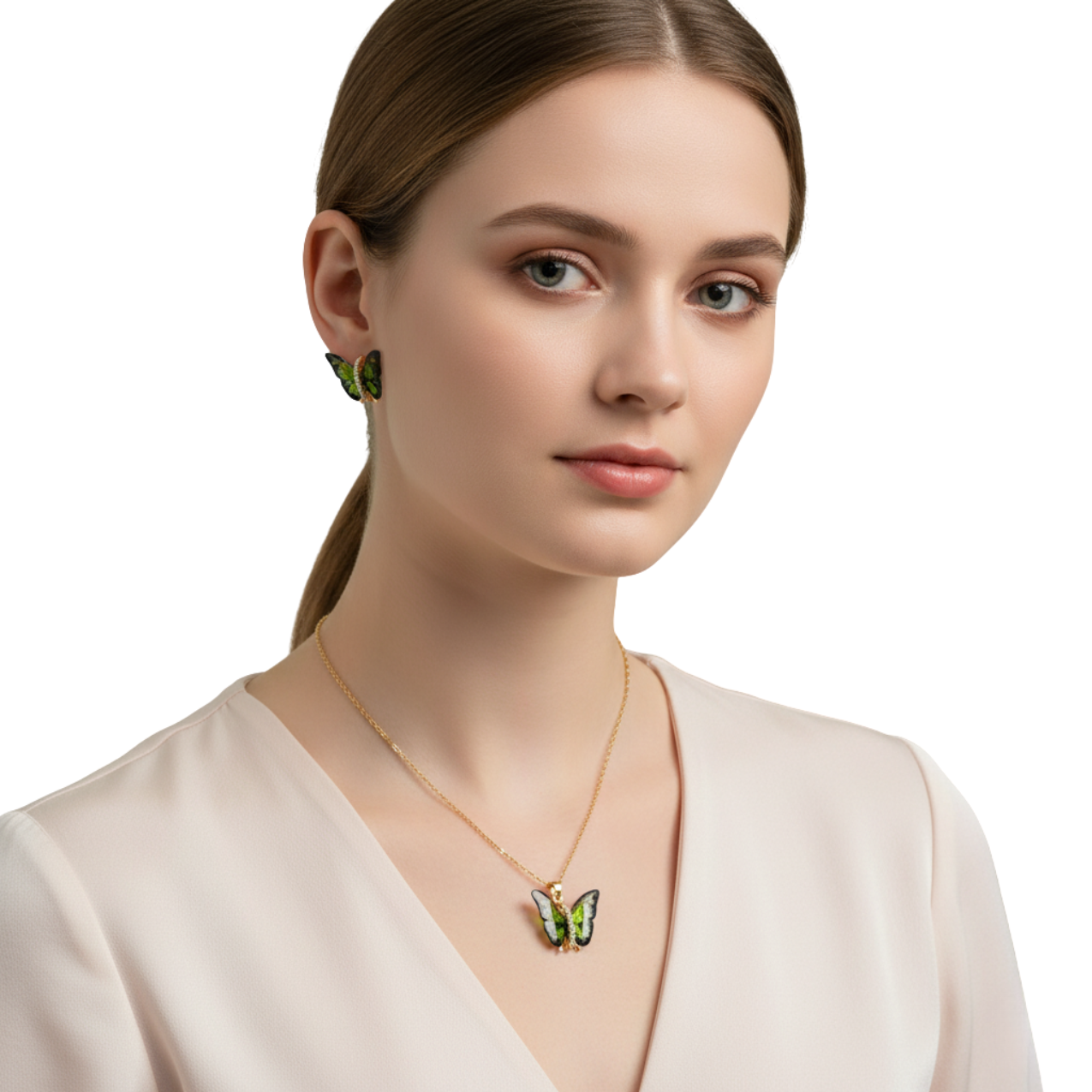 Conjunto Collar y Pendientes de Mariposa con Alas Esmaltadas Verdes y Circonitas - 100% Acero Bañado en Oro 18K