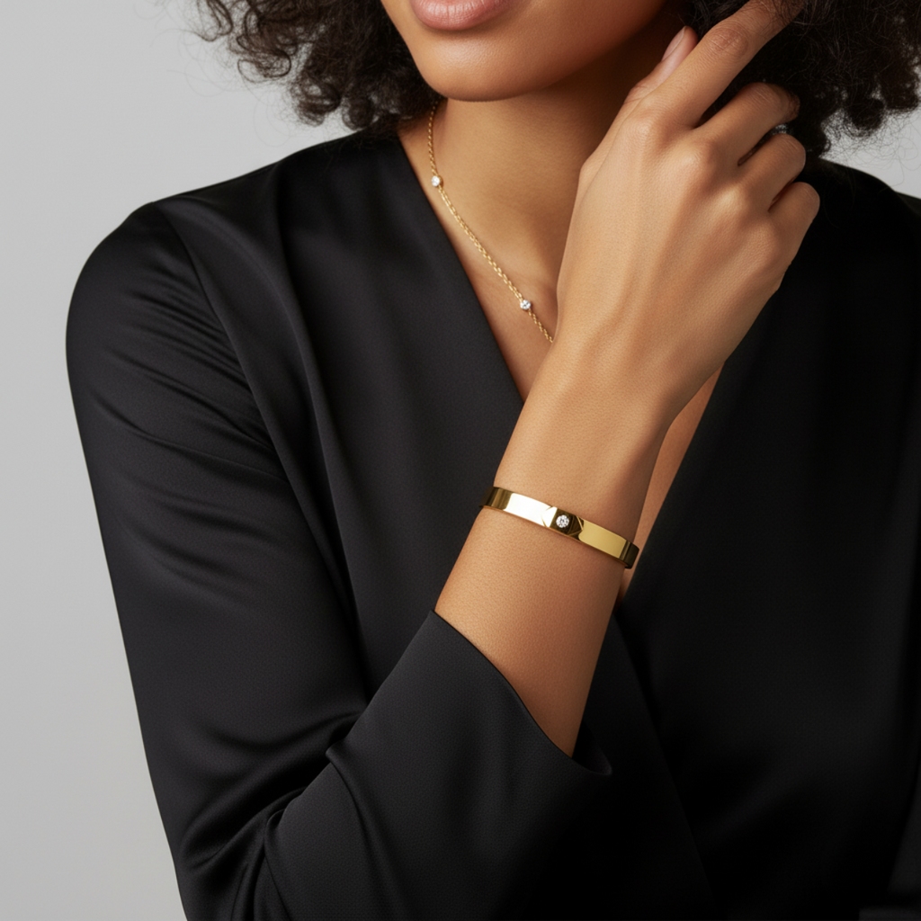 Conjunto de Joyas "Elegancia Geométrica" - Brazalete, Pendientes y Collar 100% Acero Bañado en Oro de 18K