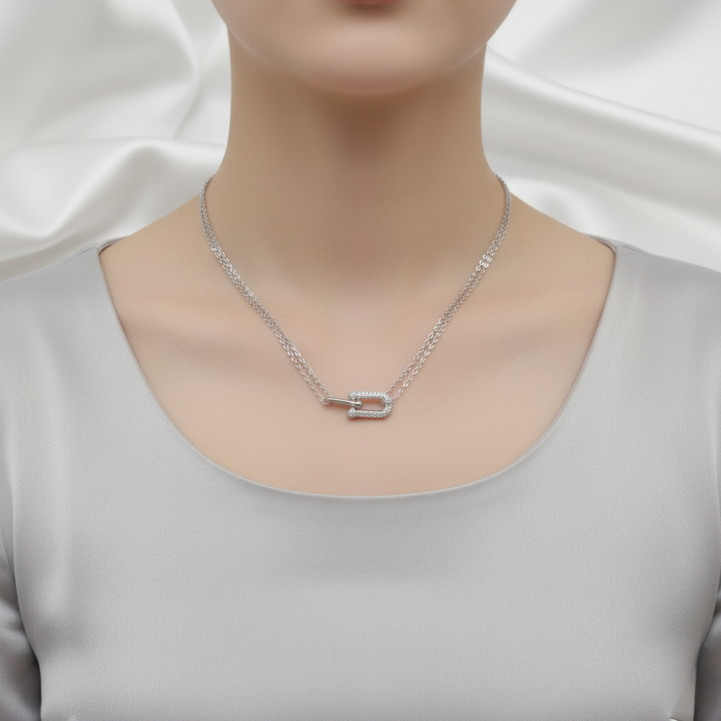 Conjunto de Eslabones Engastados con Circonitas (Collar, Pulsera y Pendientes) - 100% Acero Bañado en Rodio