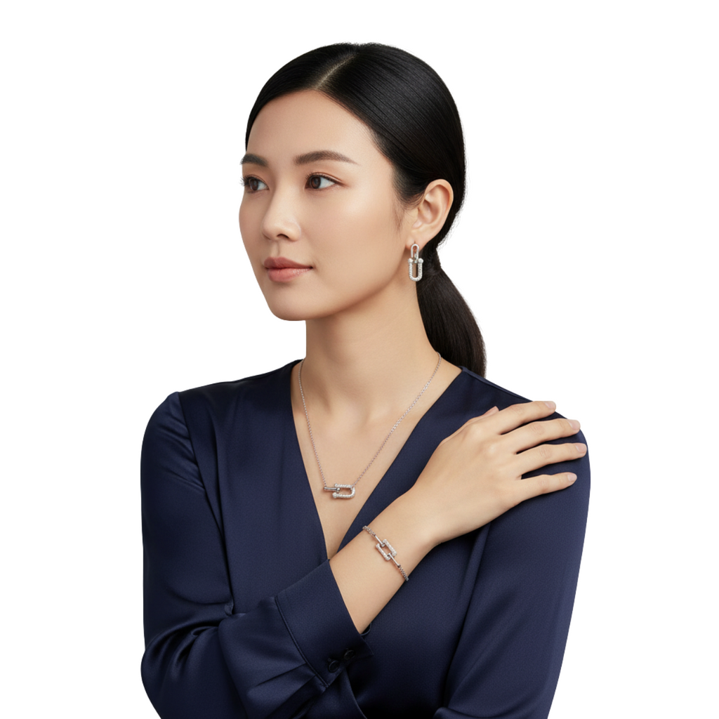 Conjunto de Eslabones Engastados con Circonitas (Collar, Pulsera y Pendientes) - 100% Acero Bañado en Rodio