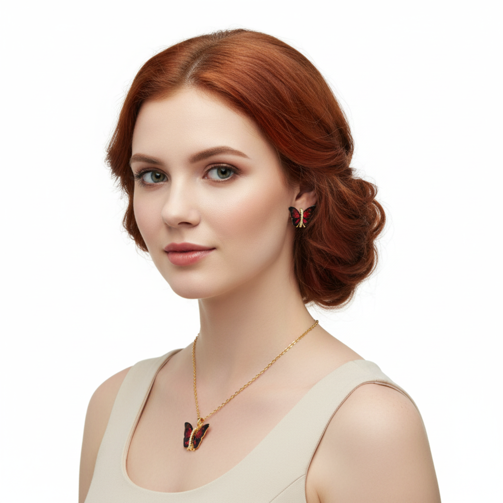 Conjunto Collar y Pendientes de Mariposa con Alas Esmaltadas Rojas y Circonitas - 100% Acero Bañado en Oro 18K