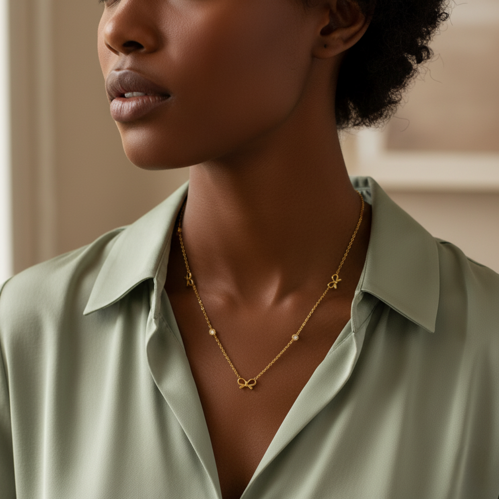 Collar con Lazos y Circonitas 100% Acero Bañado en Oro 18K