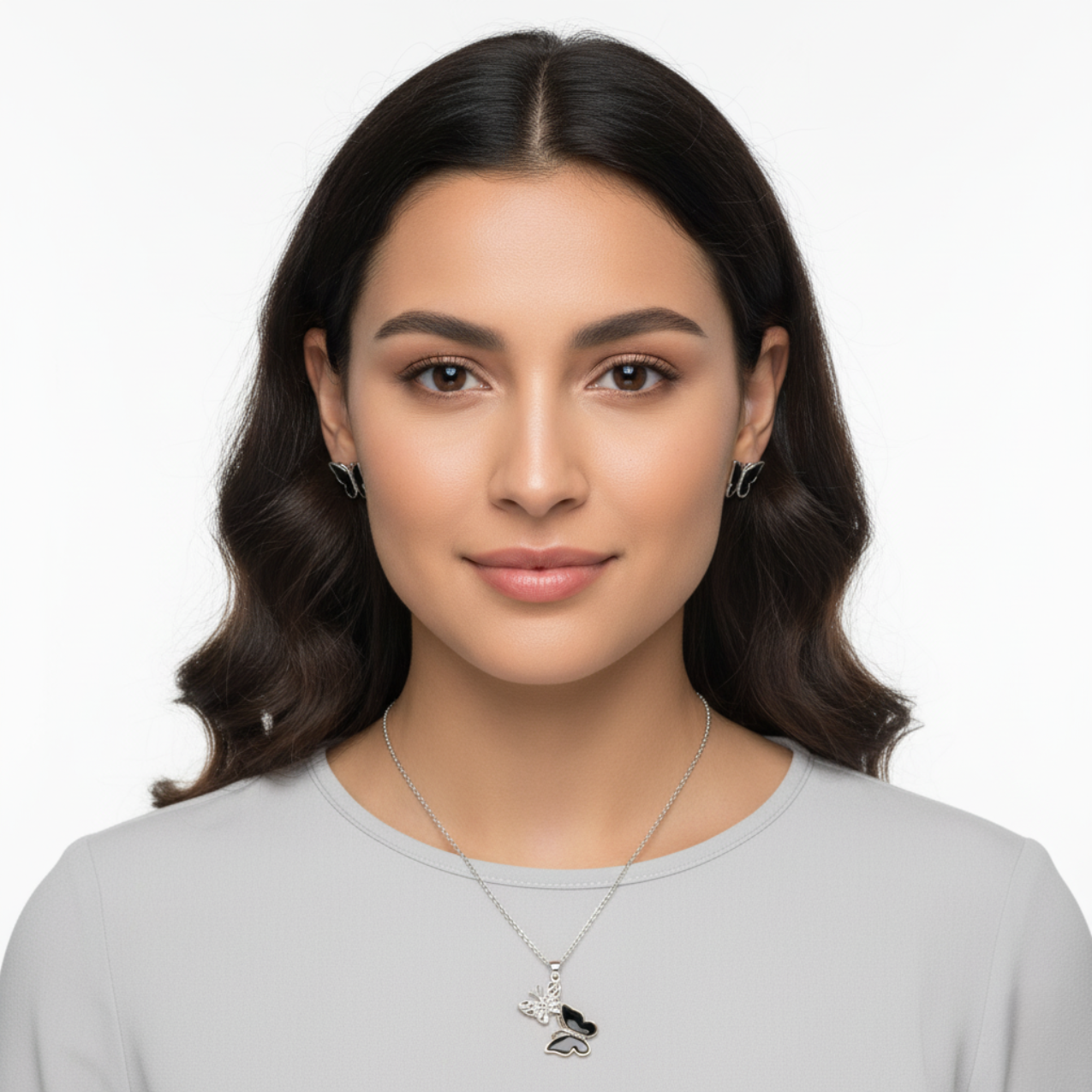 Conjunto Collar con Mariposas Bicolor y Pendientes Esmaltados - 100% Acero Bañado en Rodio