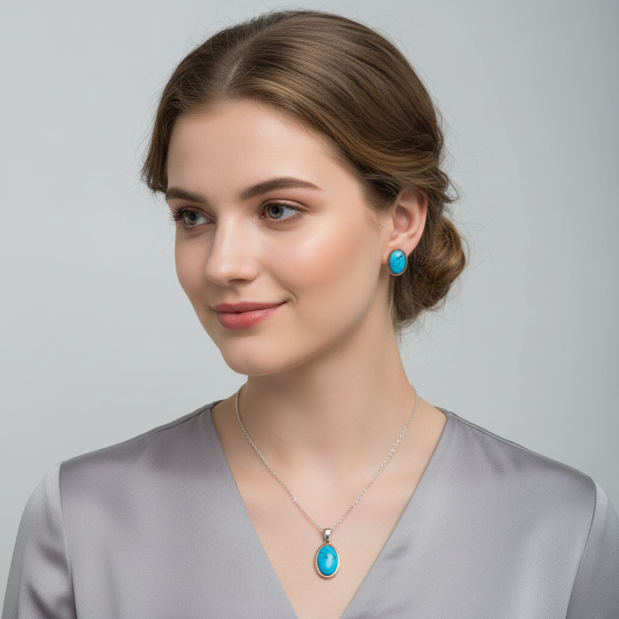 Conjunto de Joyas con Turquesa Reconstituida - Pendientes y Collar 100% Acero Bañado en Plata