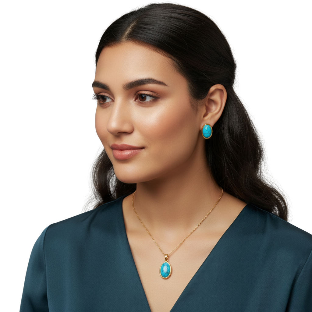 Conjunto de Collar y Pendientes con Ovalo de Piedra Turquesa Natural - 100% Acero Bañado en Oro 18K