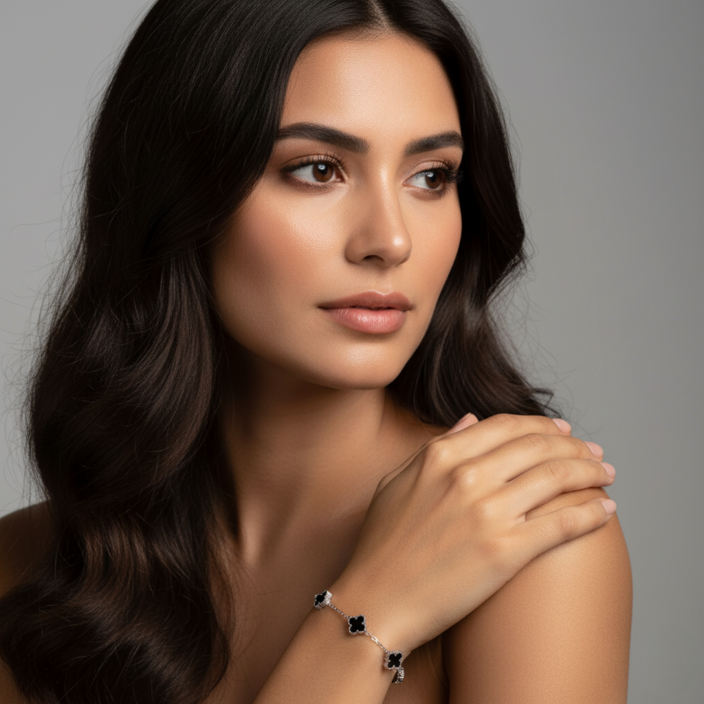 Conjunto de Joyería Trébol Negro 100% Acero Inoxidable Color Plata