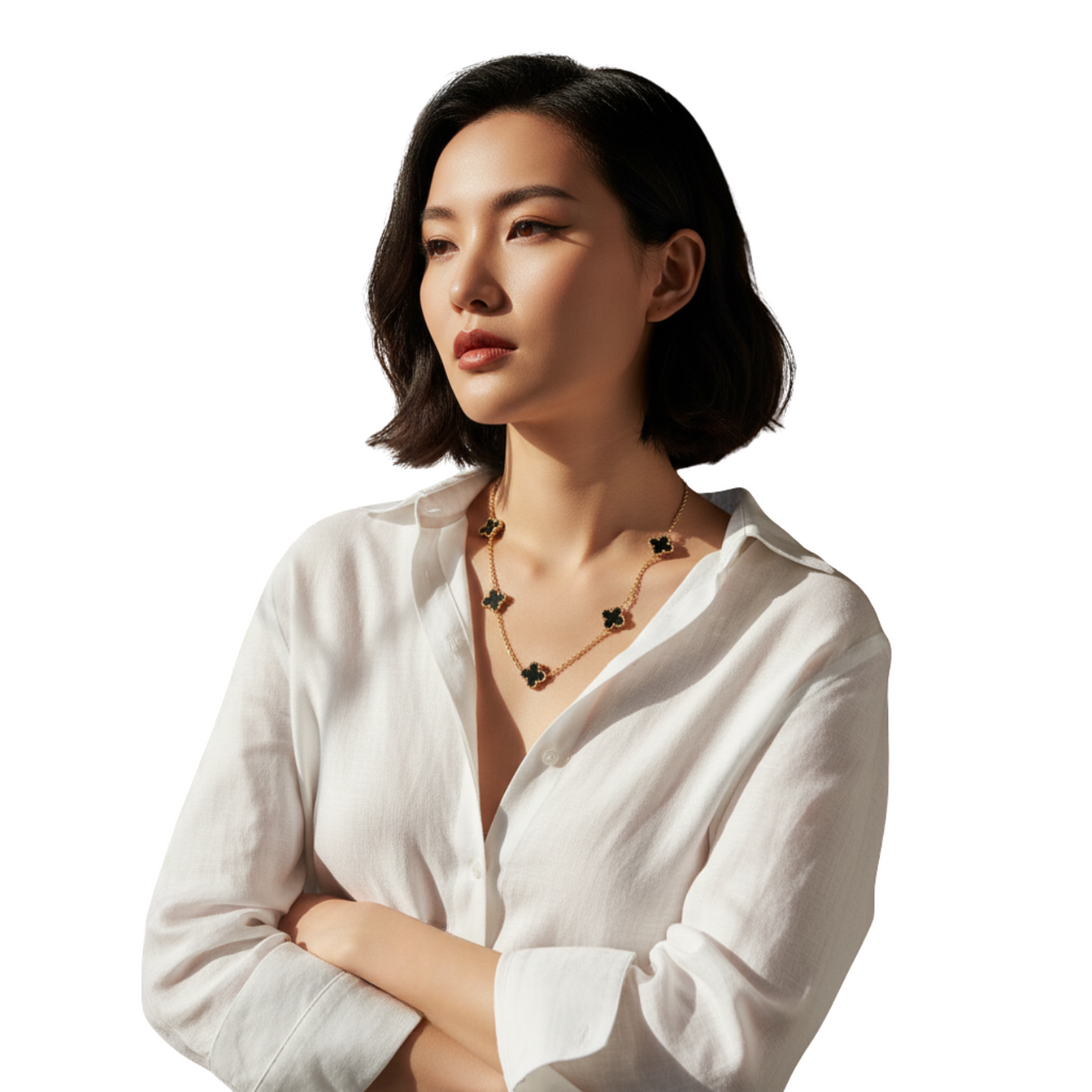 Conjunto de Joyería Trébol Negro 100% Acero Bañado en Oro 18K