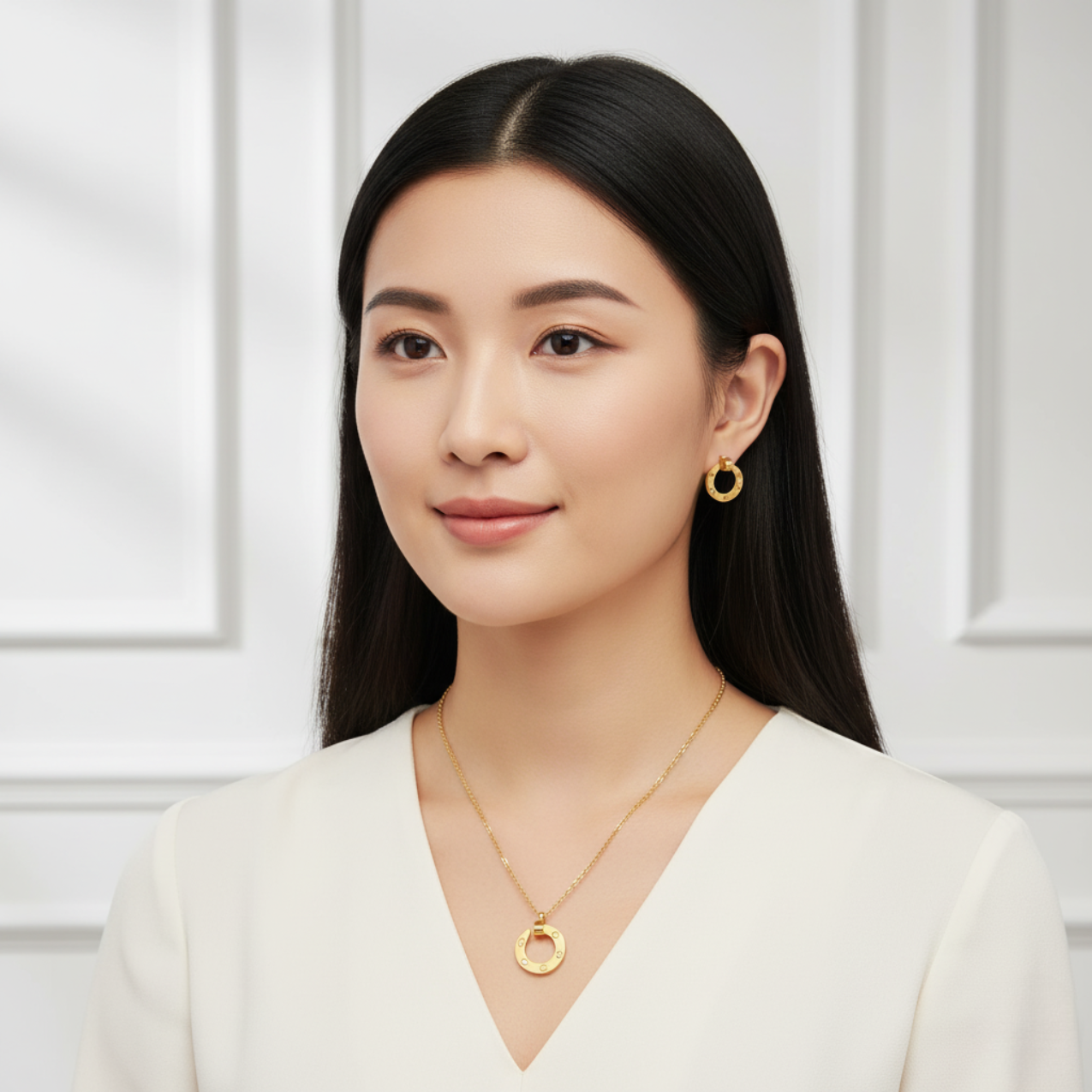 Conjunto de Collar y Pendientes con Diseño Circular y Circonitas 100% Acero Bañado en Oro 18K