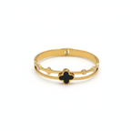 Pulsera Rígida Doble Banda con Trébol Esmaltado Negro y Circonitas - 100% Acero Bañado en Oro 18K