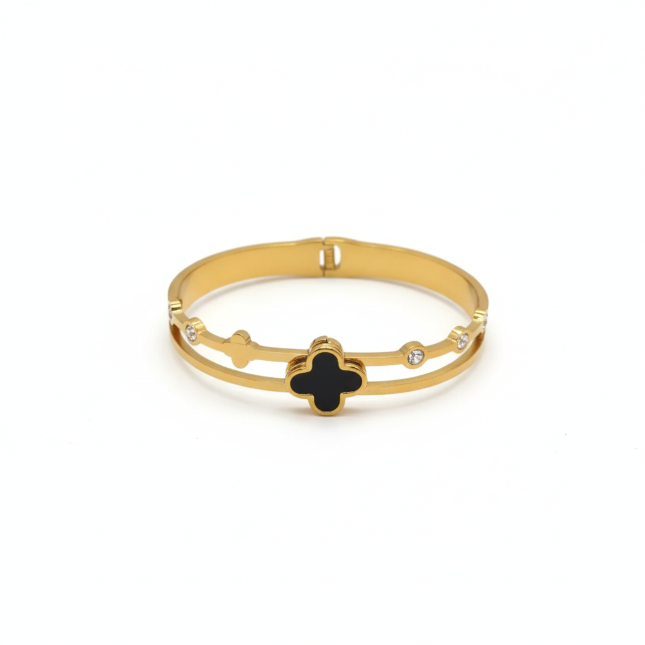Pulsera Rígida Doble Banda con Trébol Esmaltado Negro y Circonitas - 100% Acero Bañado en Oro 18K