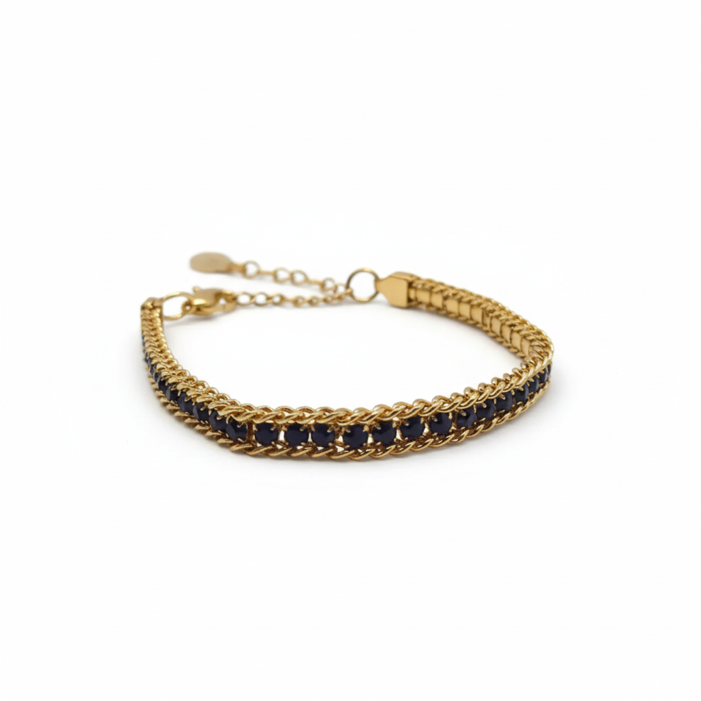 Pulsera ancha de Malla con Circonitas Negras 100% Acero Bañado en Oro 18K