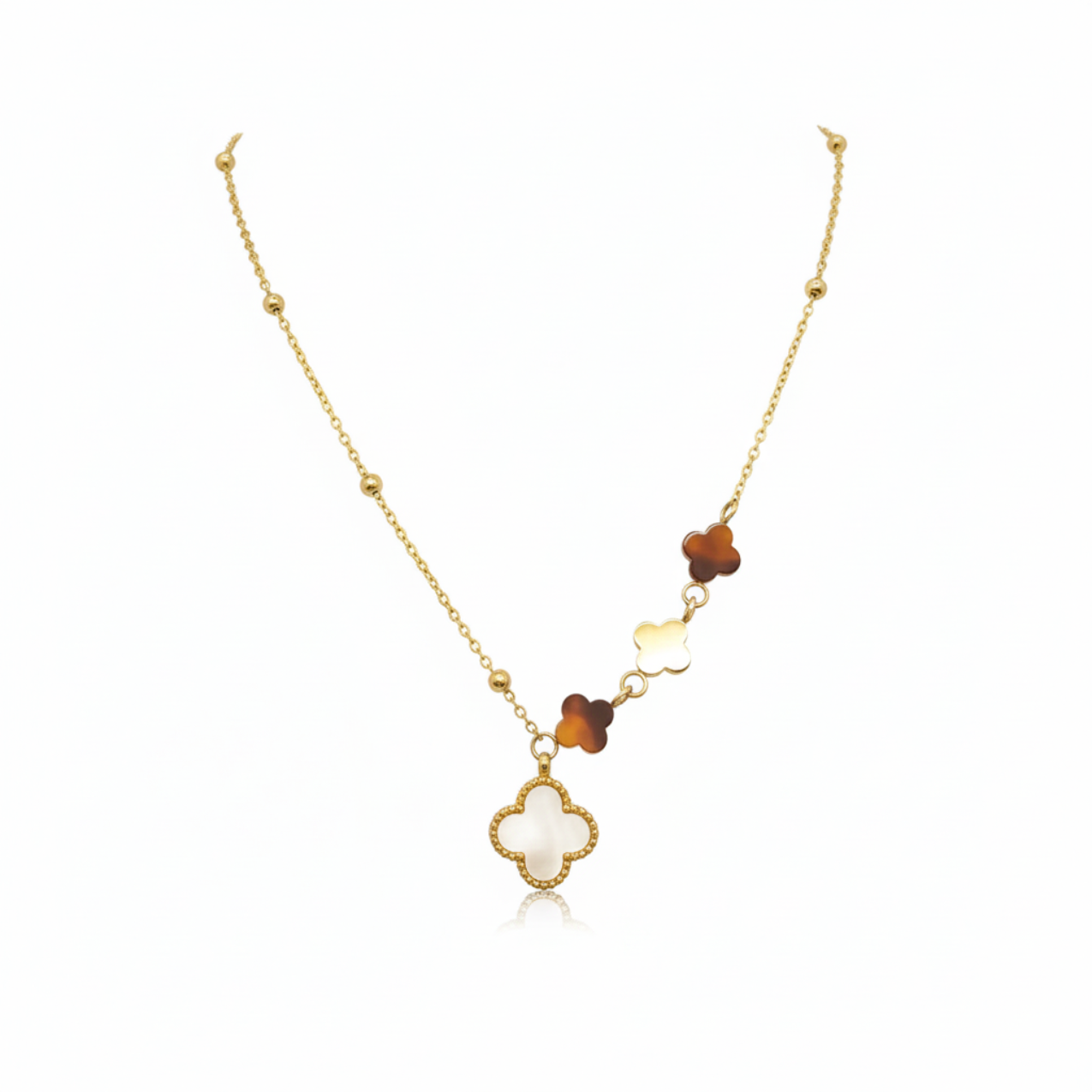 Collar de Cadena con Bolitas y Tréboles de Cuatro Hojas Mixtos (Nácar Blanco, Ámbar y Oro) - 100% Acero Bañado en Oro 18K