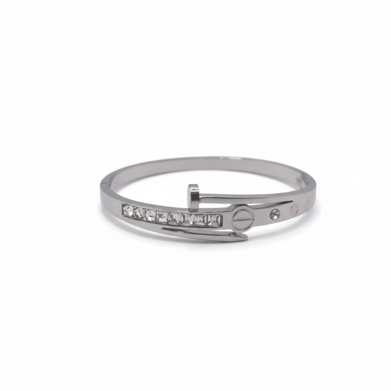 Pulsera Rígida Diseño de Clavo con Circonitas 100% Acero Inoxidable Color Plata