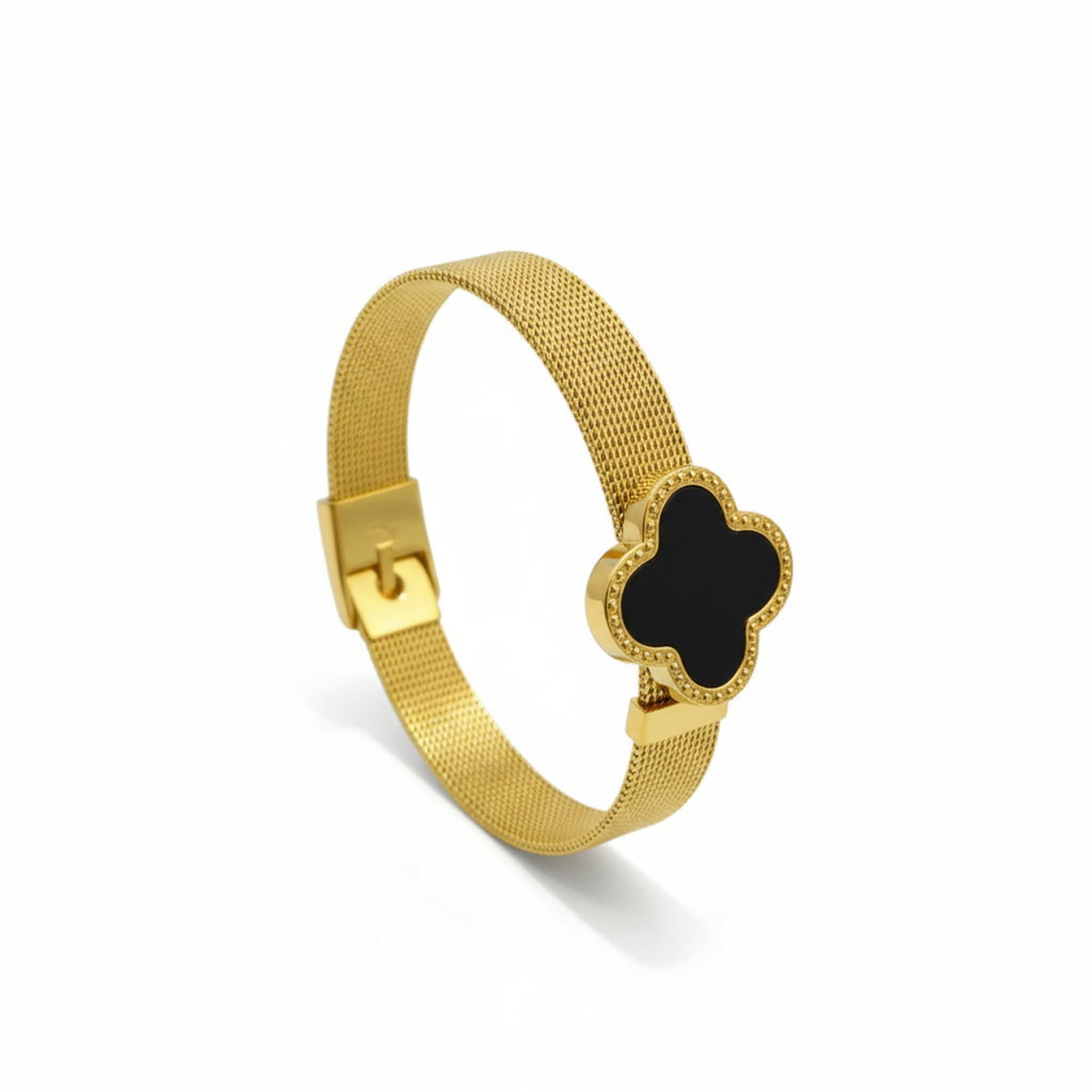 Pulsera Malla Milanese con Trébol Negro 100% Acero Bañado en Oro 18K