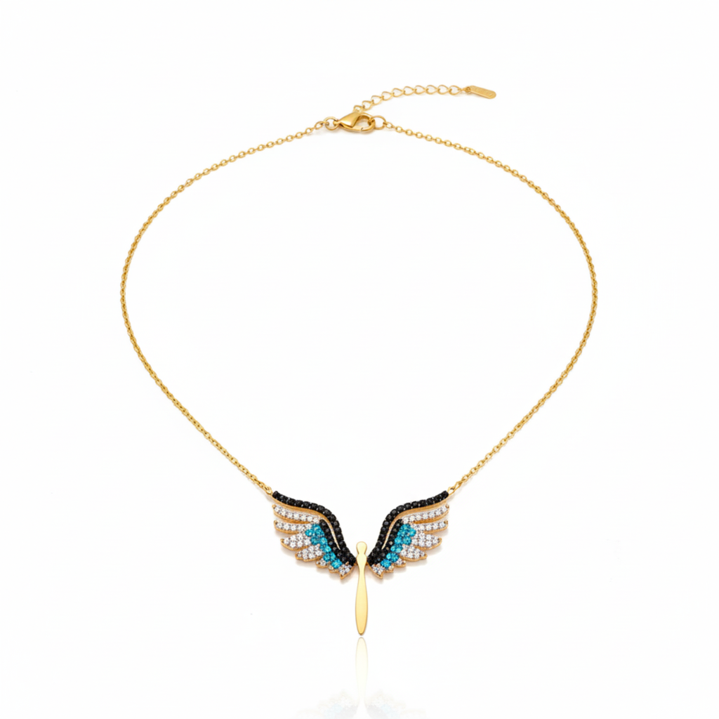 Collar Alas de Ángel con Circonitas Multicolor 100% Acero Bañado en Oro 18K