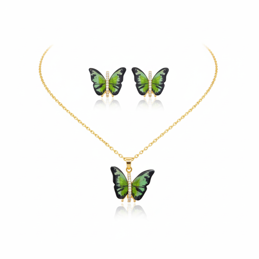 Conjunto Collar y Pendientes de Mariposa con Alas Esmaltadas Verdes y Circonitas - 100% Acero Bañado en Oro 18K