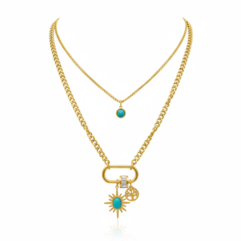 Collar de Doble Capa con Mosquetón y Charms Turquesa 100% Acero Bañado en Oro 18K