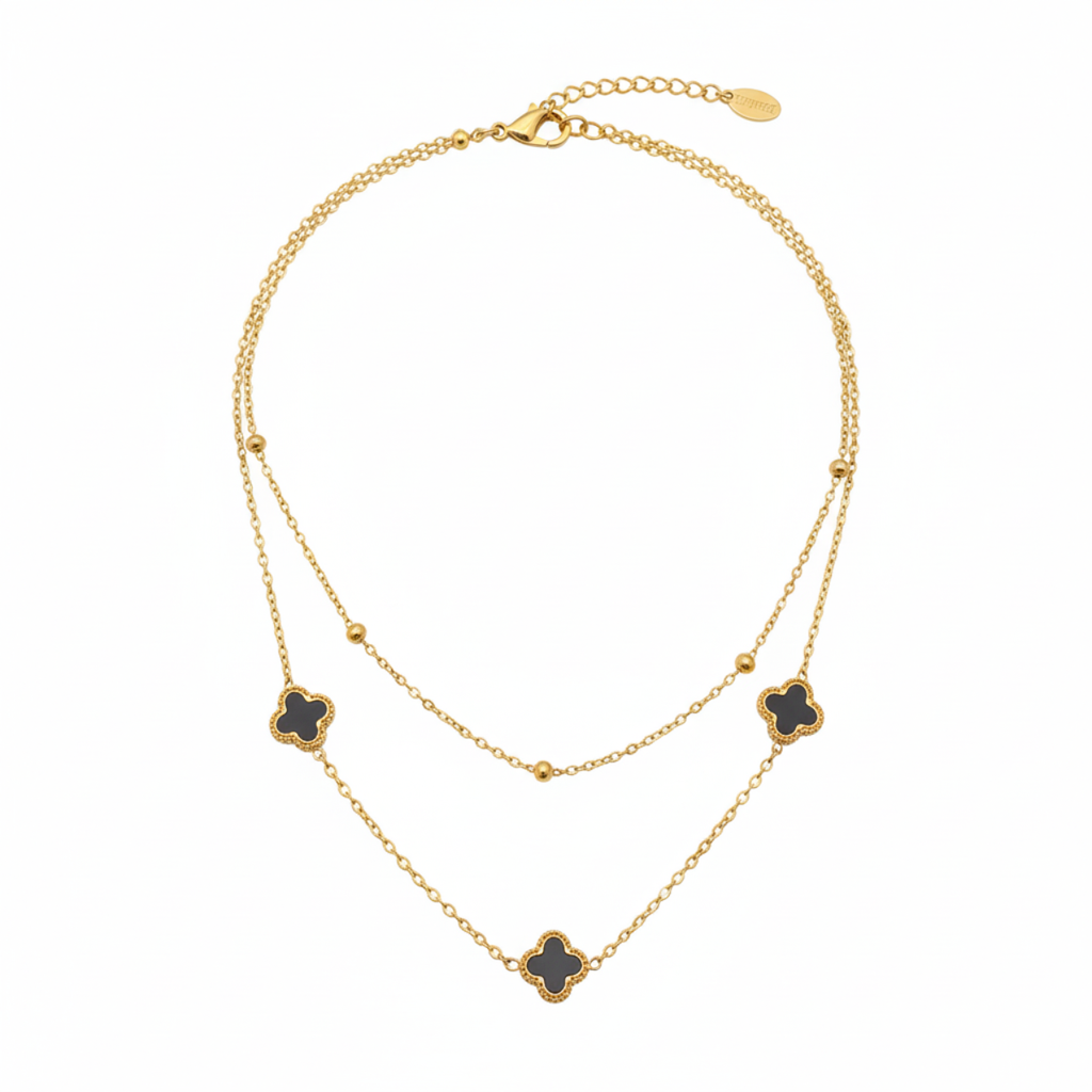 Collar Doble Cadena con Tréboles Negros y Bolitas - 100% Acero Bañado en Oro 18K