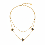 Collar Doble Cadena con Tréboles Negros y Bolitas - 100% Acero Bañado en Oro 18K