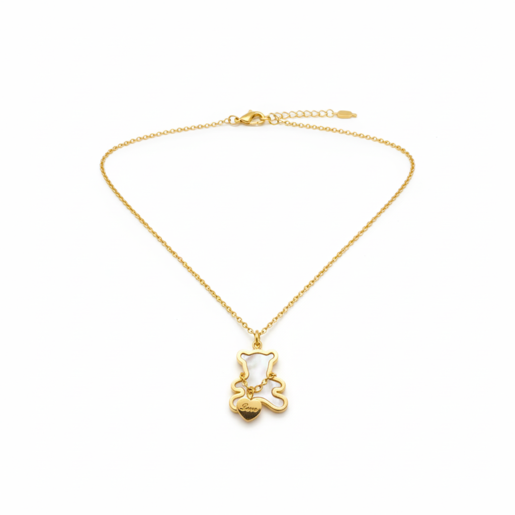 Collar de Acero Chapado en Oro de 18K 100% con Colgante de Oso y Corazón