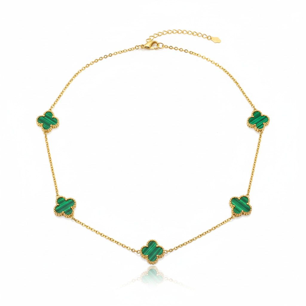 Collar de Trébol Verde Malaquita 100% Acero Bañado en Oro 18K