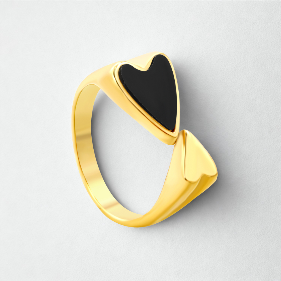 Anillo Abierto Corazón Negro - 100% Acero Bañado en Oro 18K