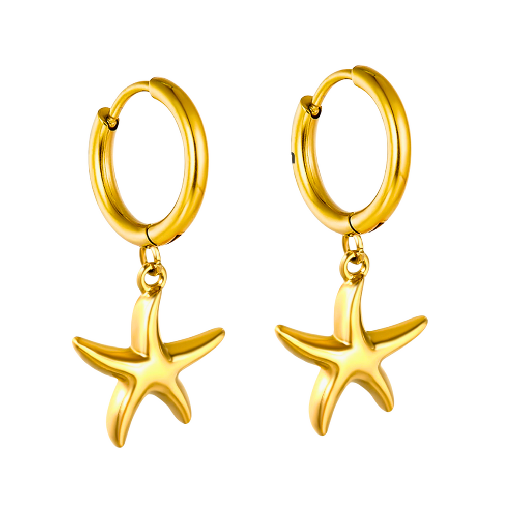 Pendientes de Aro Dorados con Colgante de Estrella (Diseño Estrellas de Mar) - 100% Acero Bañado en Oro 18K