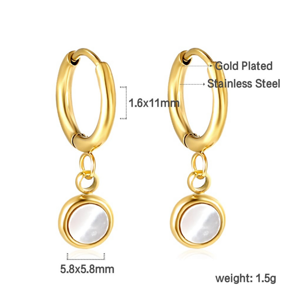 Pendientes de Aro Dorados con Colgante Redondo de Nácar - Acero Inoxidable Bañado en Oro 18K