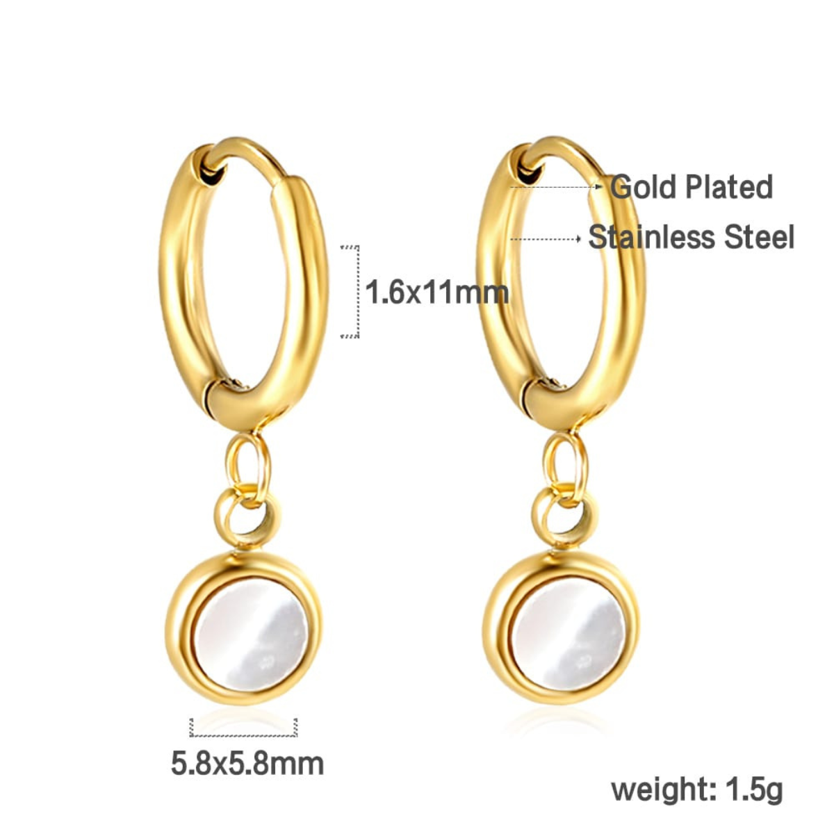 Pendientes de Aro Dorados con Colgante Redondo de Nácar - Acero Inoxidable Bañado en Oro 18K
