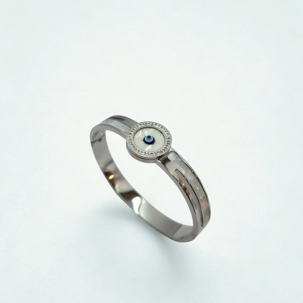 Pulsera Rígida con Ojo Turco y Nácar - 100% Acero Bañado en Rodio