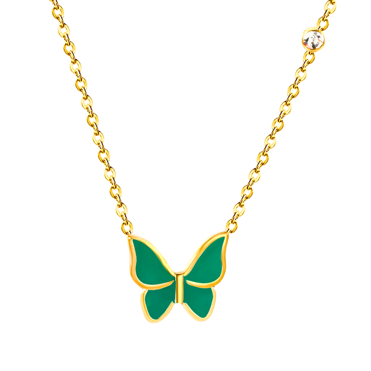 Collar con Colgante de Mariposa Esmaltada Verde y Circonitas - 100% Acero Bañado en Oro 18K