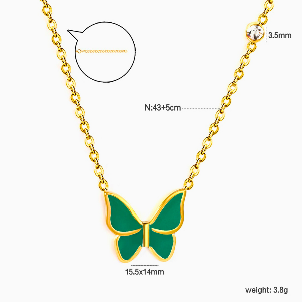Collar con Colgante de Mariposa Esmaltada Verde y Circonitas - 100% Acero Bañado en Oro 18K