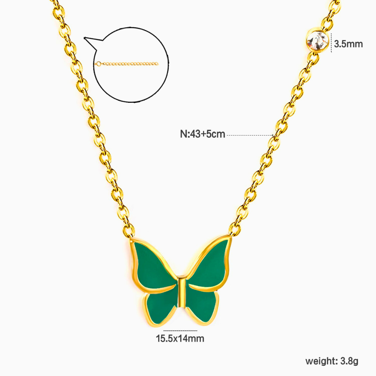 Collar con Colgante de Mariposa Esmaltada Verde y Circonitas - 100% Acero Bañado en Oro 18K