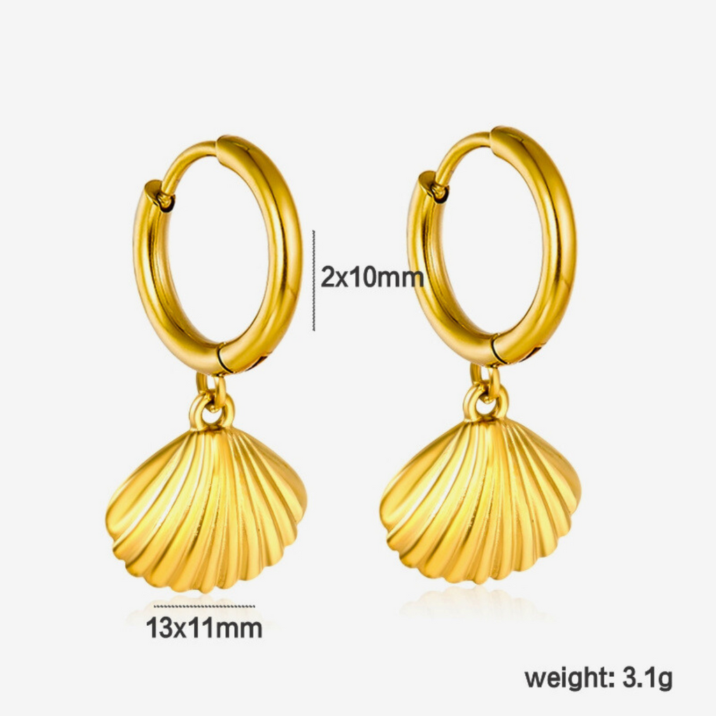 Pendientes de Aro Dorados con Colgante de Concha Marina - 100% Acero Bañado en Oro 18K
