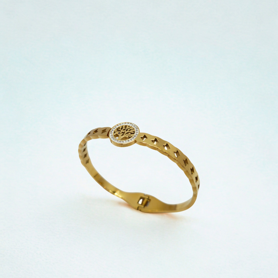 Pulsera Rígida con Árbol de la Vida y Circonitas - 100% Acero Bañado en Oro 18K